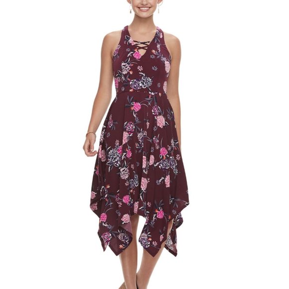 Juniors Dress XL Midi Calf Length Floral Wine Pink Burgundy Boho Summer Halter - Picture 9 of 9